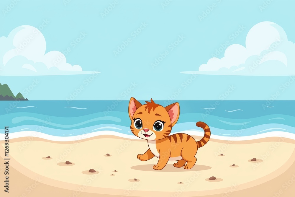 Fototapeta premium A cute abyssinian kitten playing on a sandy beach with a beautiful ocean backdrop. Concept showcases the joy of an abyssinian kitten playing in a vibrant and serene environment.