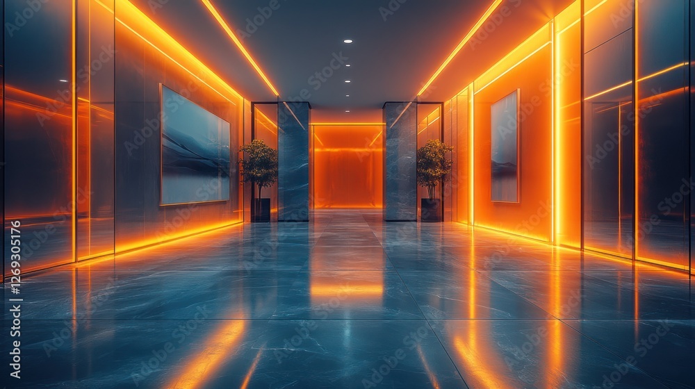 Orange-lit modern hallway, marble floor, art, city view Orange-lit modern hallway, marble floor, art, city view