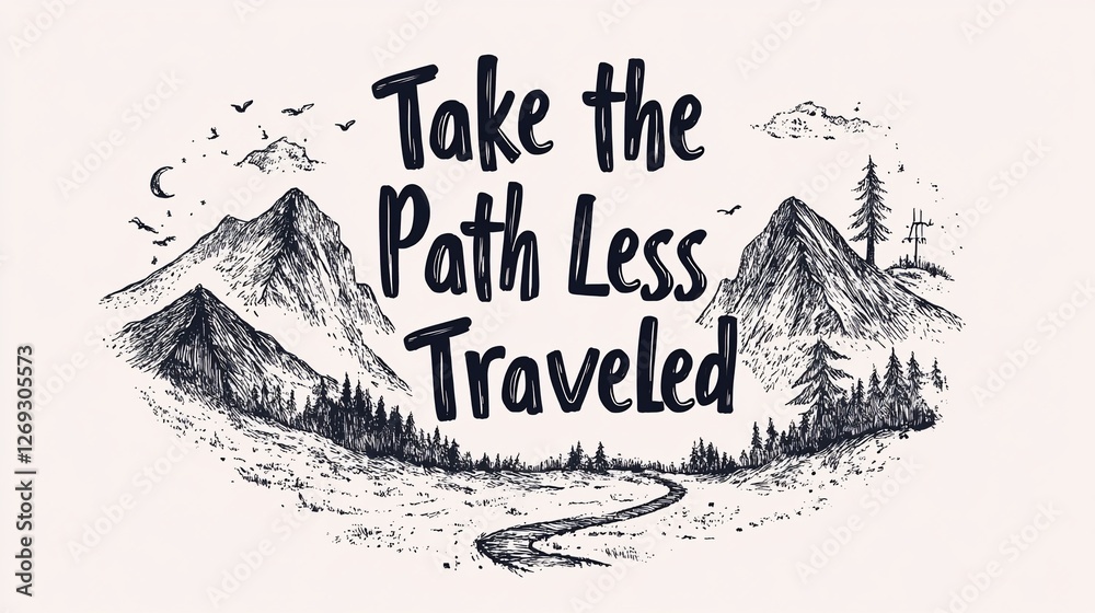 Hand-drawn mountainscape with inspirational quote Hand-drawn mountainscape with inspirational quote
