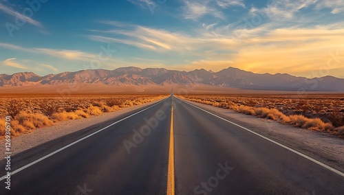 A long straight road stretches across a vast arid landscape under a dramatic sky with mountains in the distance conveying a sense of journey adventure and the open road