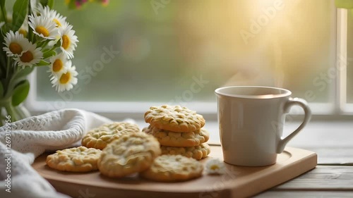Wallpaper Mural A cozy scene featuring a wooden board with freshly baked cookies next to a steaming cup of tea, complemented by a bouquet of daisies in soft sunlight Torontodigital.ca