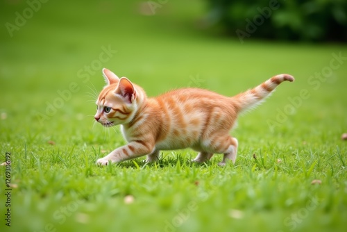 Abyssinian kitten playing in lush green grass, showcasing playful energy and curiosity. Concept highlights abyssinian kitten playing in nature, perfect for pet lovers and enthusiasts. photo