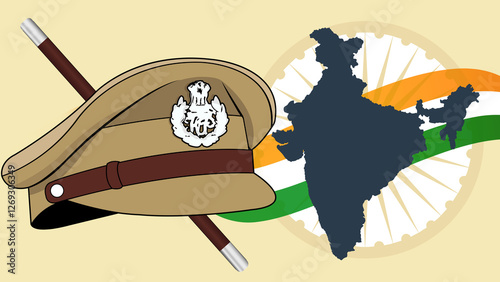 Fotografi An Indian police cap featuring the Indian flag and Ashoka Chakra in the background, symbolizing national pride and law enforcement