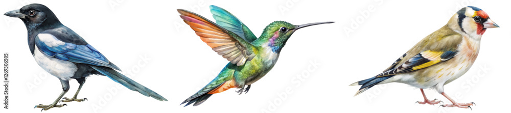 Fototapeta premium Colorful bird illustrations, realistic style, nature artwork, detailed feathers, vibrant colors, artistic representation.