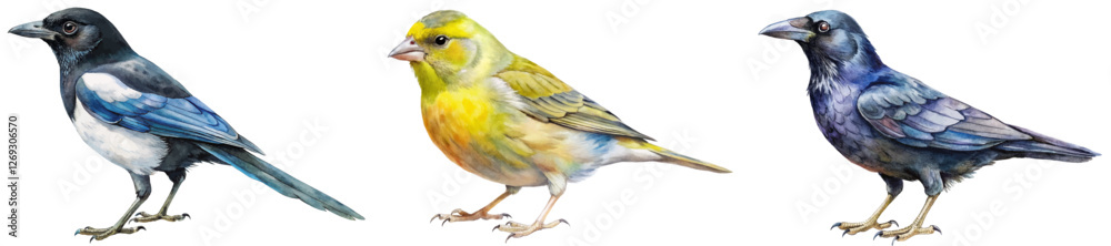 Obraz premium Colorful bird illustrations, realistic style, nature art, wildlife depiction, educational purpose, vibrant details.