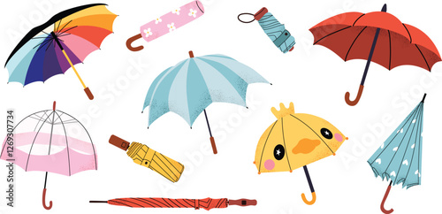 Umbrellas in various styles: transparent, folded, classic, rainbow. Cute rain accessories for autumn and spring. Weather protection, rainy season essentials. 