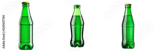 Set of Green glass bottle mid-splash, water droplets frozen in motion, isolated on transparent png background. Ai generated