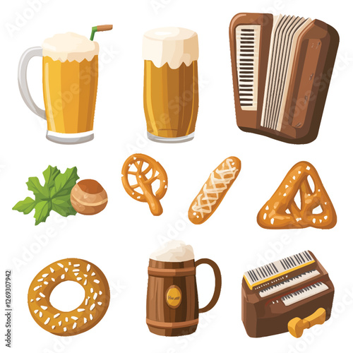 Oktoberfest celebration with a beer stein, pretzel, and accordion.