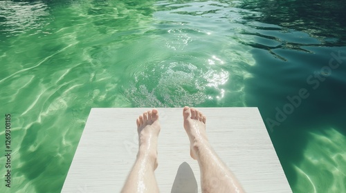 Feet on the background of the sea on the pier