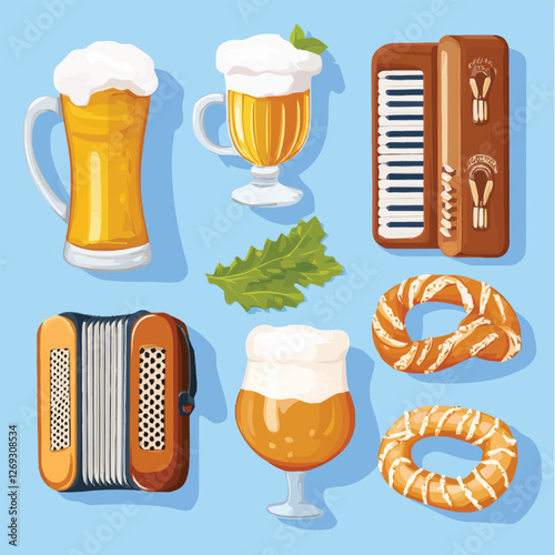 Oktoberfest celebration with a beer stein, pretzel, and accordion.