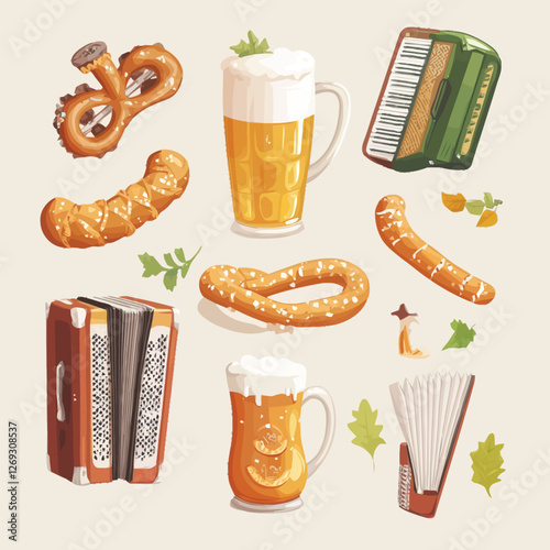 Oktoberfest celebration with a beer stein, pretzel, and accordion.