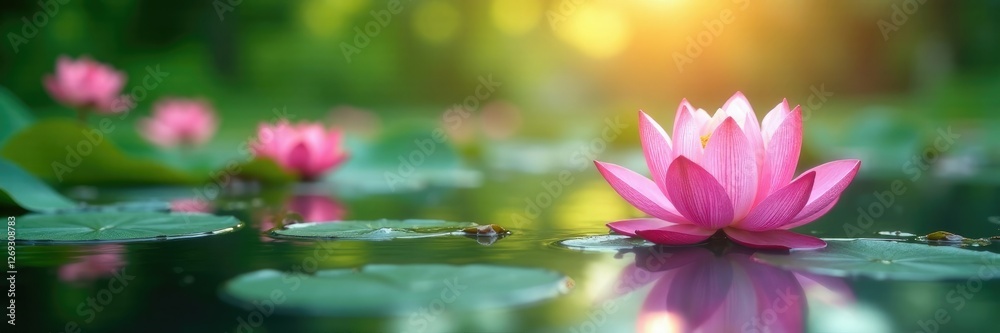 serene landscape with lotus flowers blooming in the foreground, mindfulness, water serene landscape with lotus flowers blooming in the foreground, mindfulness, water
