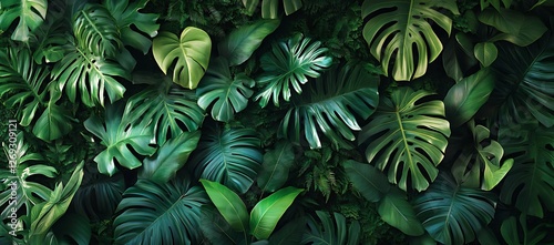 A lush tapestry of tropical foliage featuring vibrant green palm leaves and monstera creating a dense jungle backdrop with a sense of depth and natural beauty