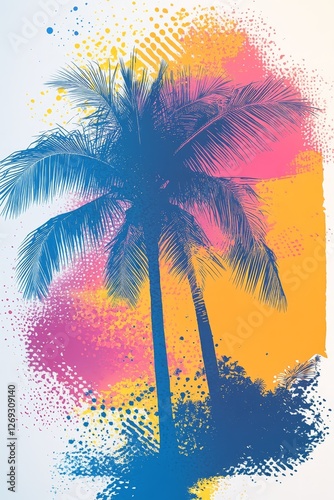 Palm tree silhouette with colorful background.