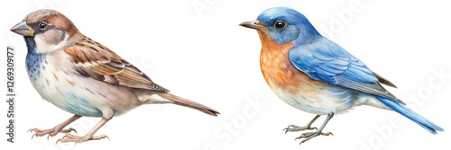 Colorful birds illustration, detailed watercolor style, nature artwork, wildlife depiction, artistic representation.