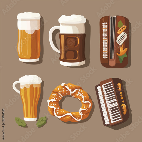 Oktoberfest celebration with a beer stein, pretzel, and accordion.
