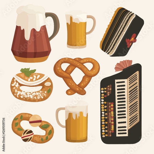 Oktoberfest celebration with a beer stein, pretzel, and accordion.