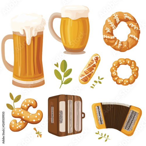Oktoberfest celebration with a beer stein, pretzel, and accordion.