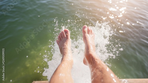 Feet on the background of the sea on the pier