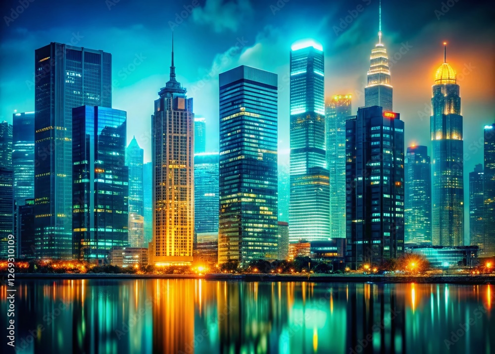 Fototapeta premium Vibrant Blue & Green Cityscape with Orange Accent Skyscraper - Stock Photo
