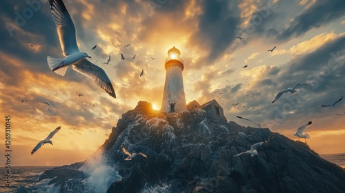 Dramatic sunset over coastal lighthouse, gulls flying, ocean waves crashing