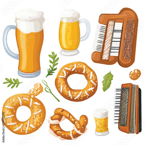 Oktoberfest celebration with a beer stein, pretzel, and accordion.