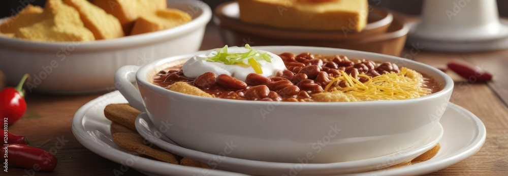 Steaming hot bowl of chili served on a white plate with a side of warm cornbread and a dollop of sour cream , warm, sour cream Steaming hot bowl of chili served on a white plate with a side of warm cornbread and a dollop of sour cream , warm, sour cream