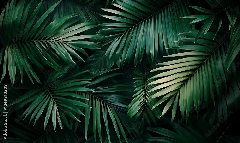 Lush green palm leaves create a dense tropical foliage background with vibrant textures and a sense of depth perfect for evoking a natural exotic and summery vibe in designs Lush green palm leaves create a dense tropical foliage background with vibrant textures and a sense of depth perfect for evoking a natural exotic and summery vibe in designs