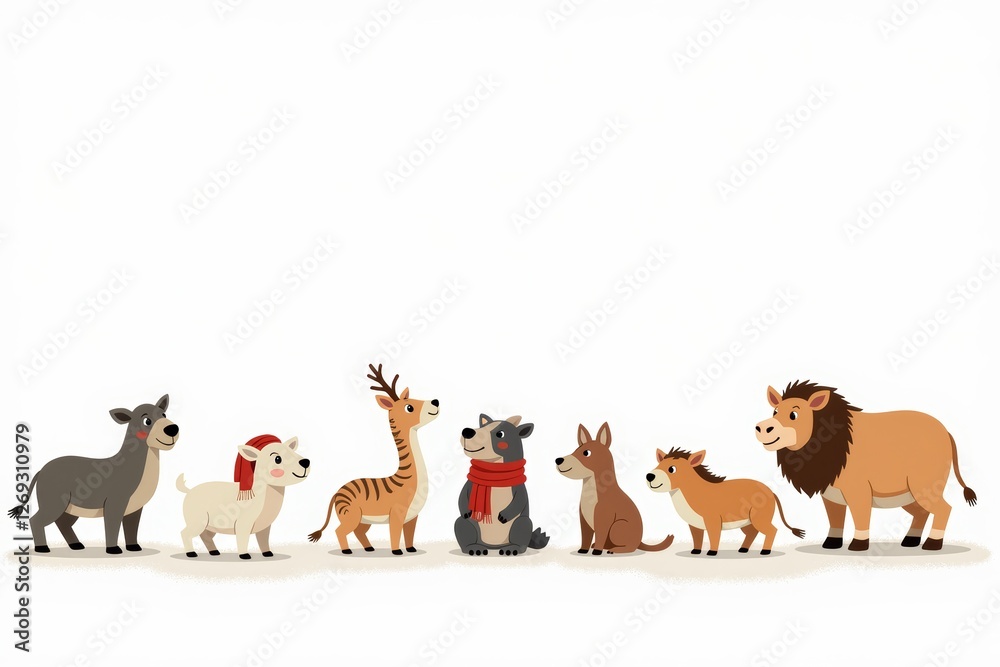 Fototapeta premium Colorful illustration of various animals singing carols together in a festive spirit. Concept highlights animals singing carols, celebrating joy and togetherness during festive seasons.