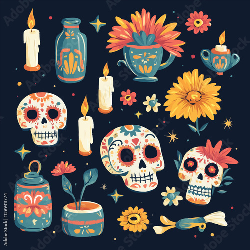 A festive 2D vector of Day of the Dead decorations like sugar skulls, marigolds, and candles.