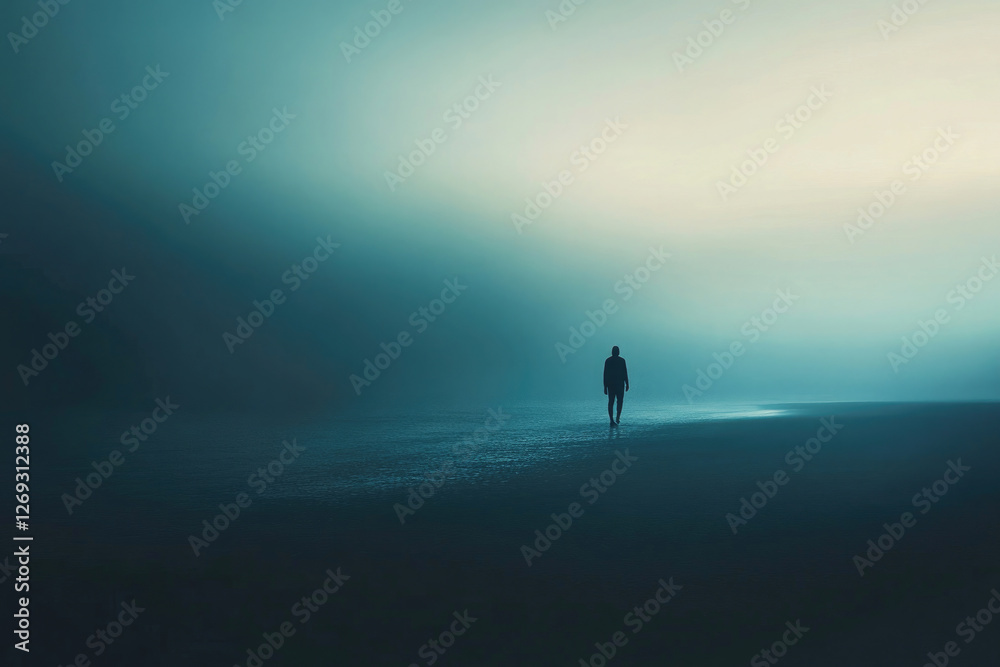 Mysterious figure walking alone on a foggy beach at dawn with calm waves, loneliness
Mysterious figure walking alone on a foggy beach at dawn with calm waves, loneliness