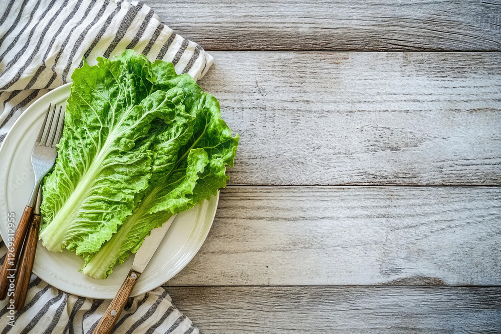 Fototapeta premium Fresh Green Lettuce on a White Plate with Wooden Cutlery on Rustic Wooden Table