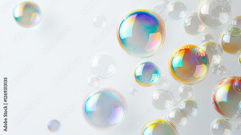 Iridescent soap bubbles float on a light background Iridescent soap bubbles float on a light background