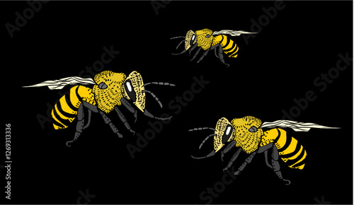 Three bees flying and showing their stingers and wings_3