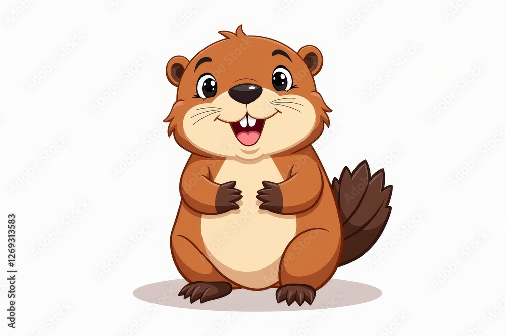 A cheerful cartoon baby beaver stands smiling with a rounded body and fluffy tail. Concept features baby beaver as a playful character in nature-themed illustrations. A cheerful cartoon baby beaver stands smiling with a rounded body and fluffy tail. Concept features baby beaver as a playful character in nature-themed illustrations.