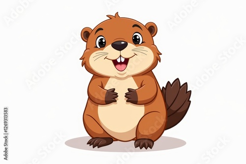 A cheerful cartoon baby beaver stands smiling with a rounded body and fluffy tail. Concept features baby beaver as a playful character in nature-themed illustrations. photo