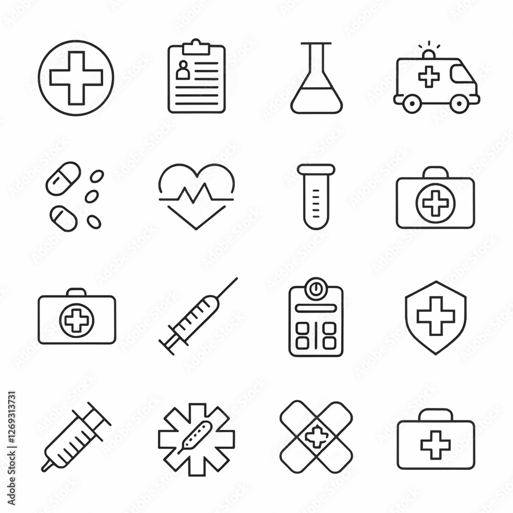 The setting is digital, featuring vector-style icons that represent various medical themes such as healthcare, medicine, and wellness. The setting is digital, featuring vector-style icons that represent various medical themes such as healthcare, medicine, and wellness.