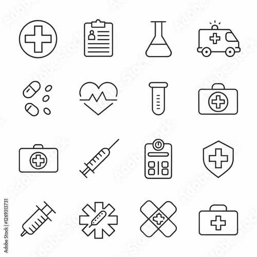 The setting is digital, featuring vector-style icons that represent various medical themes such as healthcare, medicine, and wellness.