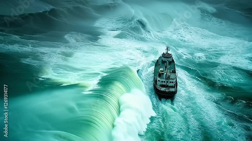 A lone ship navigates colossal, churning ocean waves during a fierce storm.