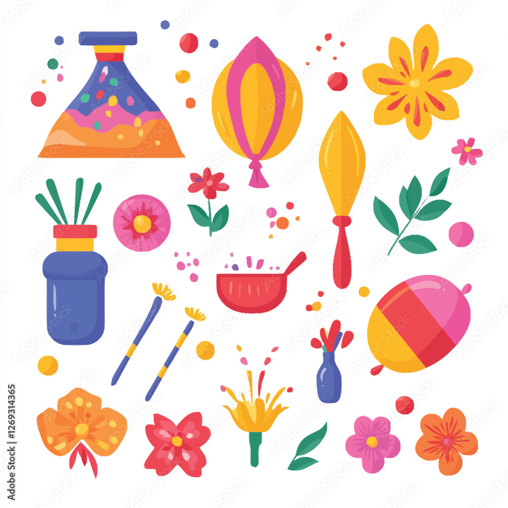 A lively 2D vector of Holi festival items like colored powders, water balloons, and flowers. A lively 2D vector of Holi festival items like colored powders, water balloons, and flowers.