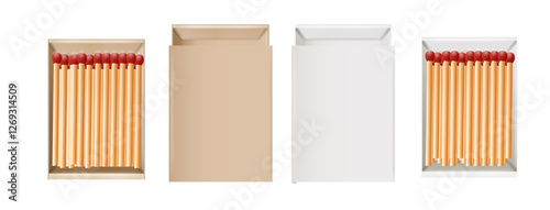Matchbox, empty package for match sticks in top and perspective view. Realistic mockup of 3d blank box. Stages of burning the match. Symbol of ignition burning. Vector