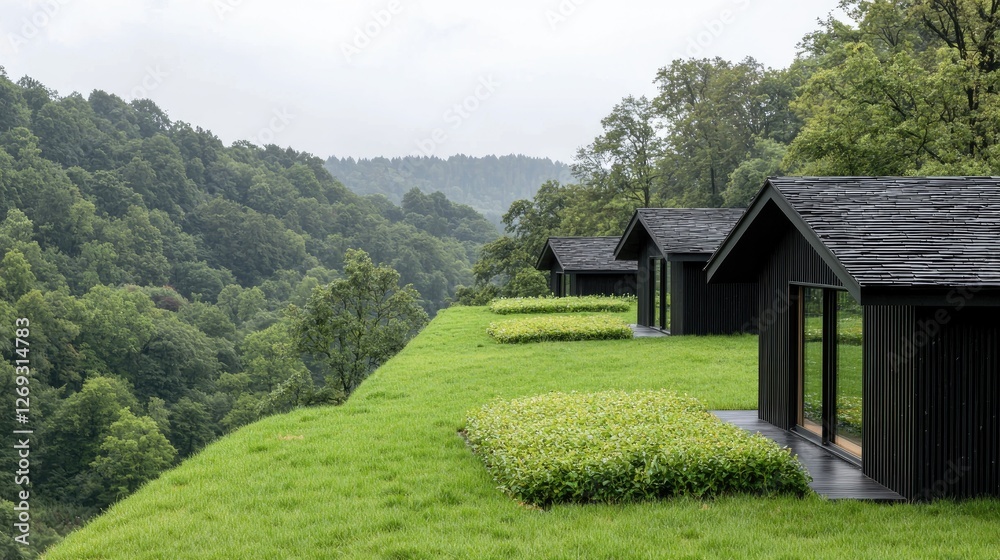 Fototapeta premium Modern cabins nestled in hillside valley