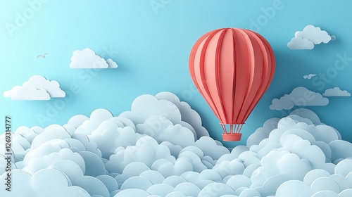 A background with hot air balloon and clouds in paper cut style.