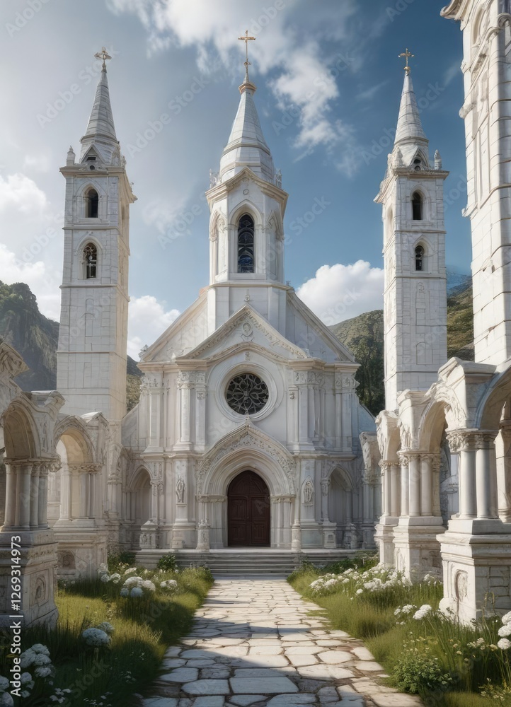 Obraz premium The white church's intricate stone architecture blends seamlessly into the surrounding landscape, stone architecture, rural, village
