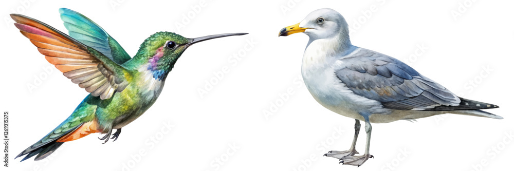 Obraz premium Colorful hummingbird illustration, detailed seagull drawing, nature art, wildlife depiction, vibrant colors, educational purpose.