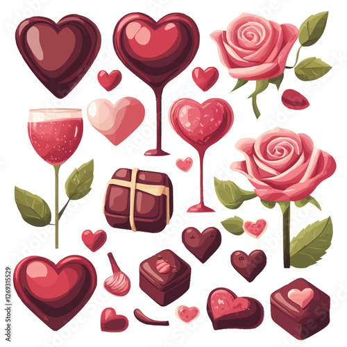 A romantic 2D vector of Valentine’s Day decorations like hearts, chocolates, and roses.