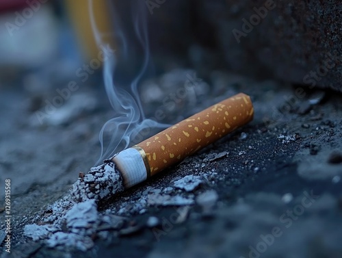 Smoldering cigarette butt left on rough surface, wisps of smoke rising photo