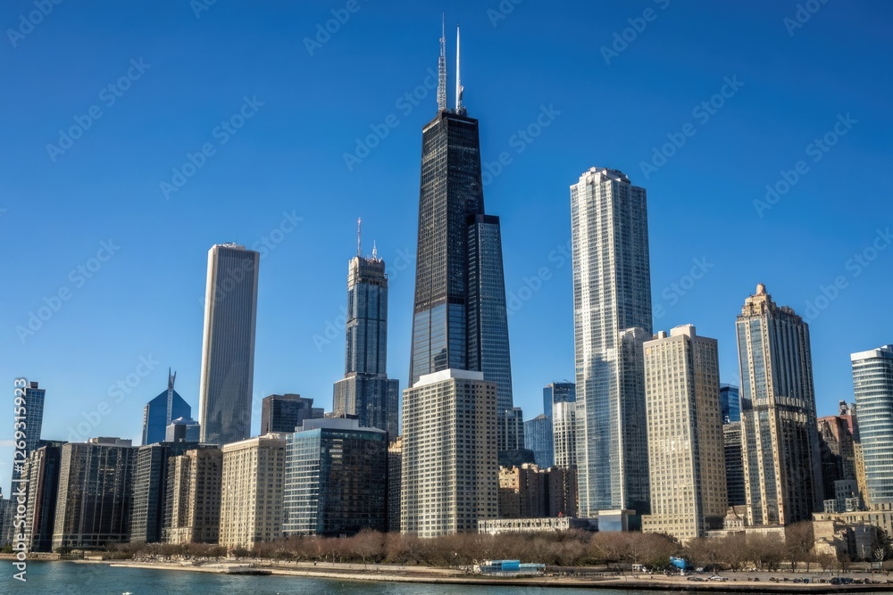 Fototapeta premium Towering cityscape with numerous skyscrapers under clear blue skies, skyscrapers, tall buildings