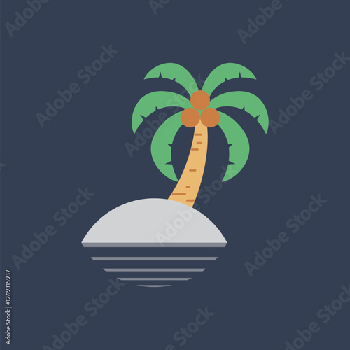 Minimalist Tropical Island with Coconut Tree. Flat Vector Illustration of a Palm Tree on a Small Floating Island, Perfect for Summer, Vacation, and Beach-Themed.