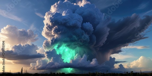 Towering thunderhead cloud with vibrant electric blue and green hues dominating the Arizona sky, monsoon storm, saguaro cactus